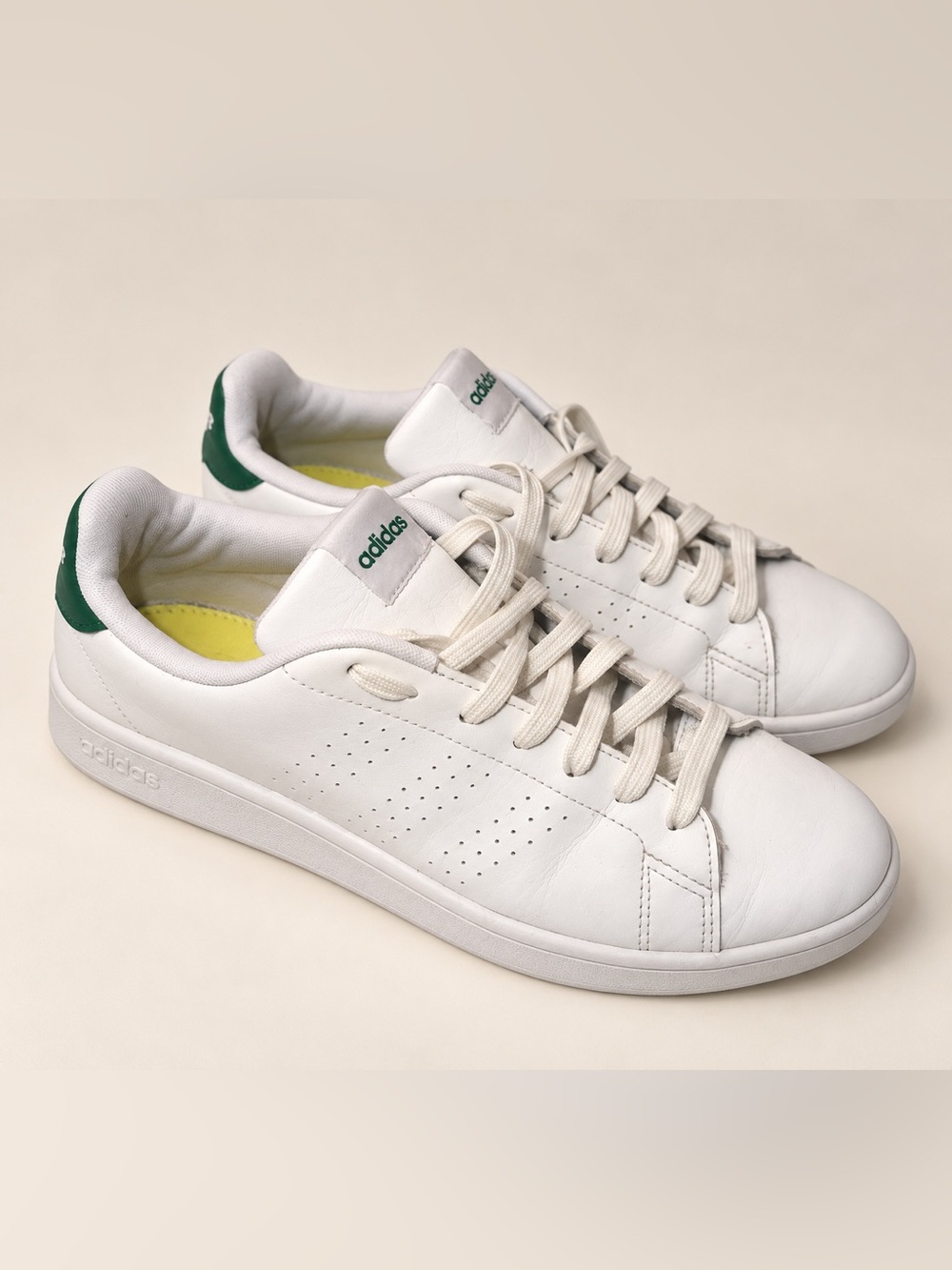 adidas men’s White Leather Sneakers with Green Heel Tab